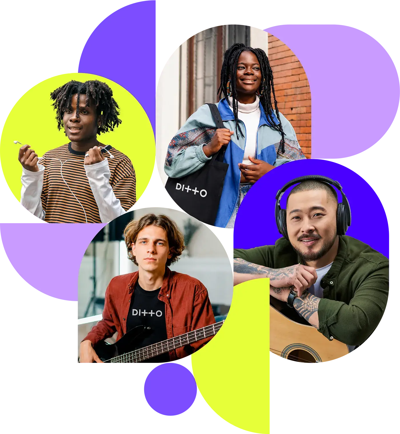 Four Ditto brand ambassadors wearing Ditto merch