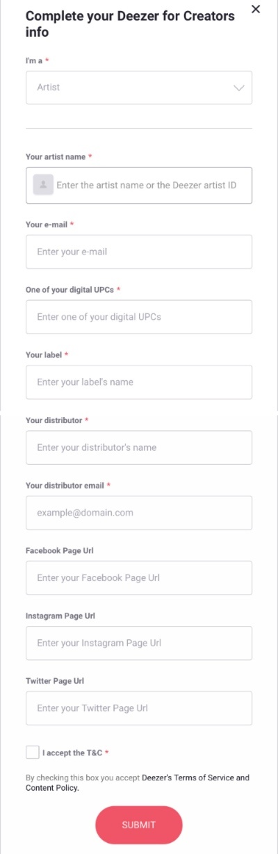 How to get verified on Deezer - Verification form 