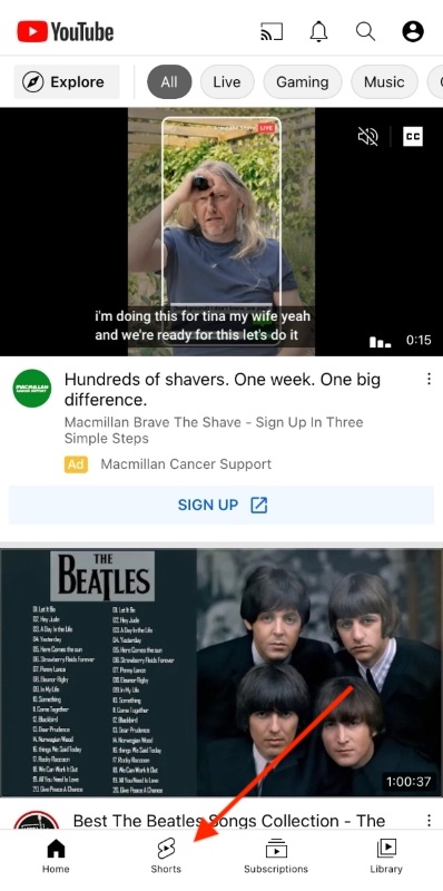 How to use YouTube Shorts to promote your music - Accessing Shorts via the YouTube app