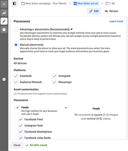 A Musician’s Guide To Facebook and Instagram Ads - choose your ad's placement