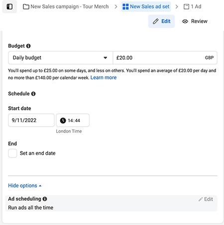 A Musician’s Guide To Facebook and Instagram Ads - set your campaign budget