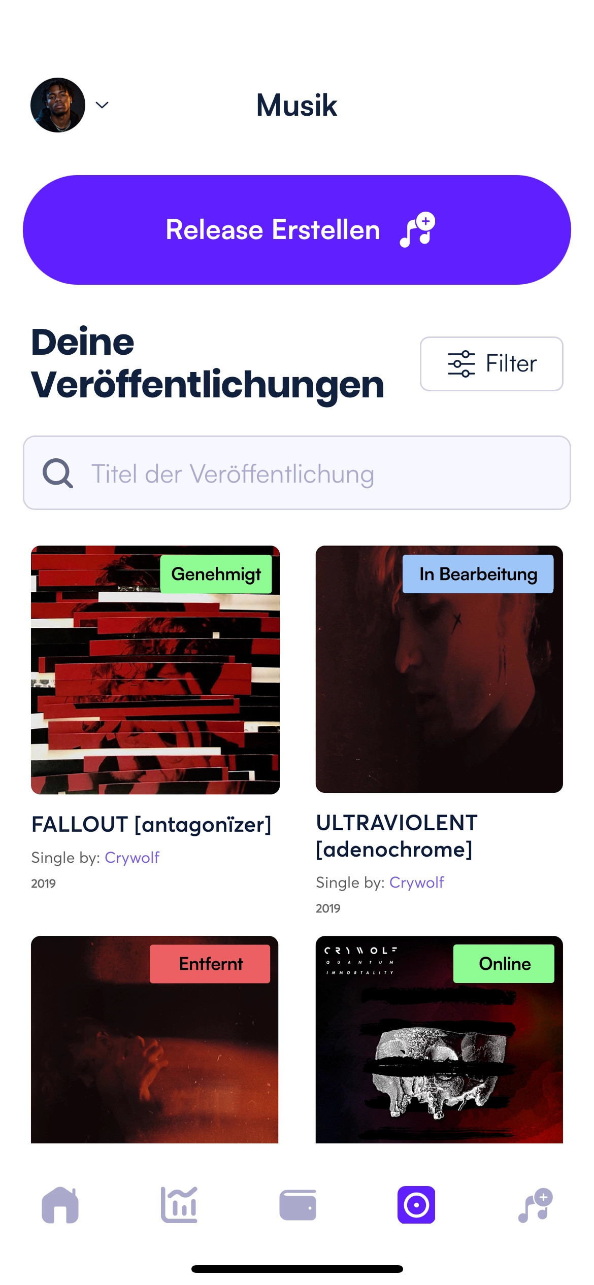 Katalogansicht mit einer Auflistung der Veröffentlichungen nach Status