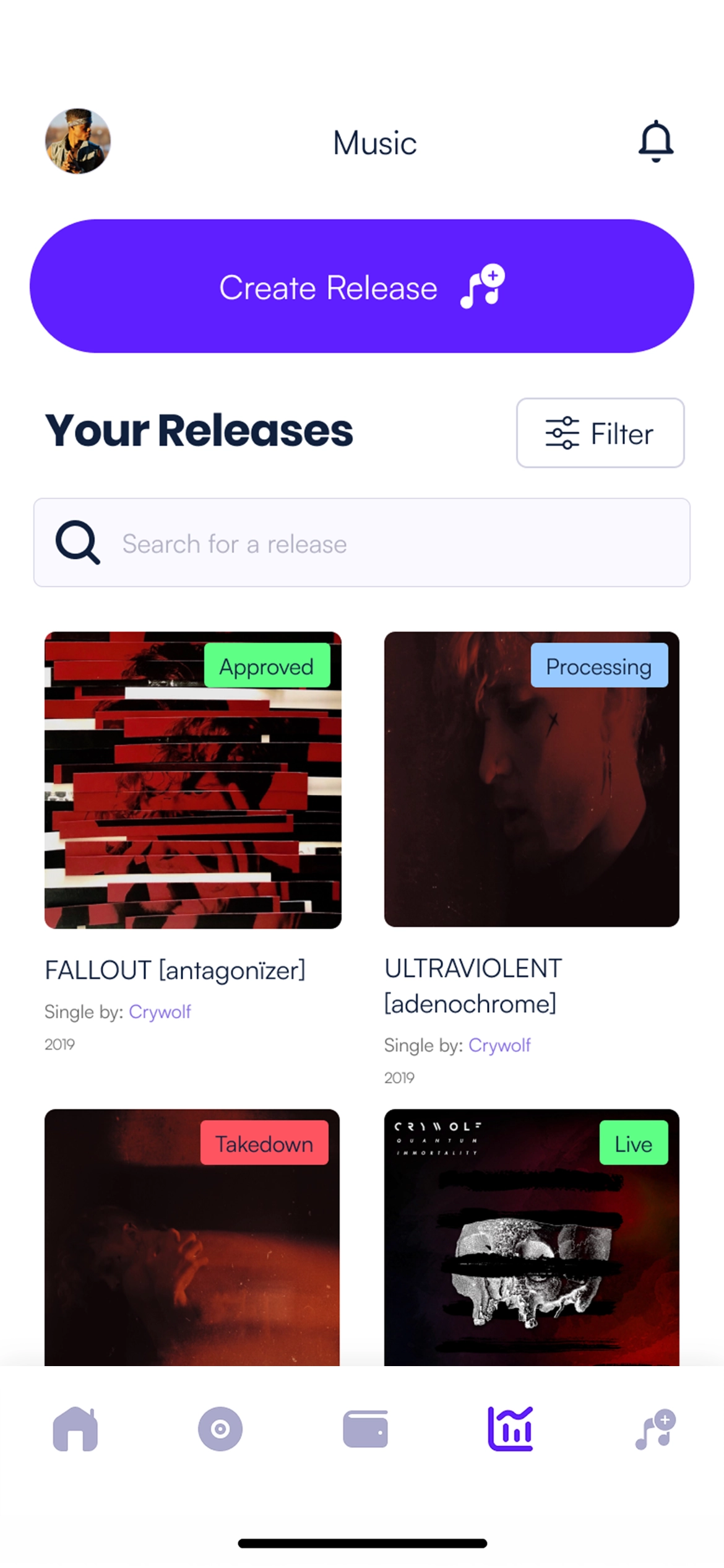 Catalogue screen listing releases with status