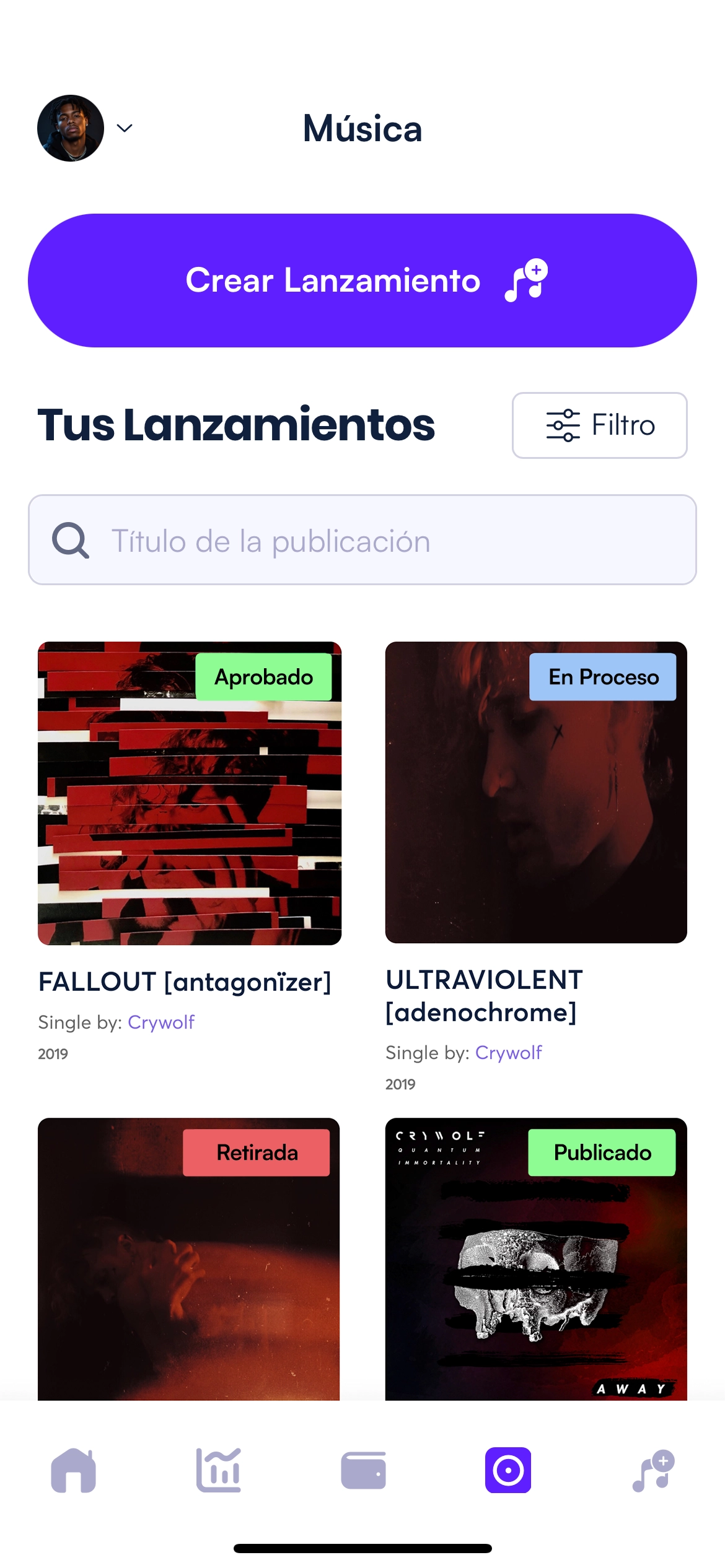 Pantalla del catálogo que muestra los lanzamientos con su estado
