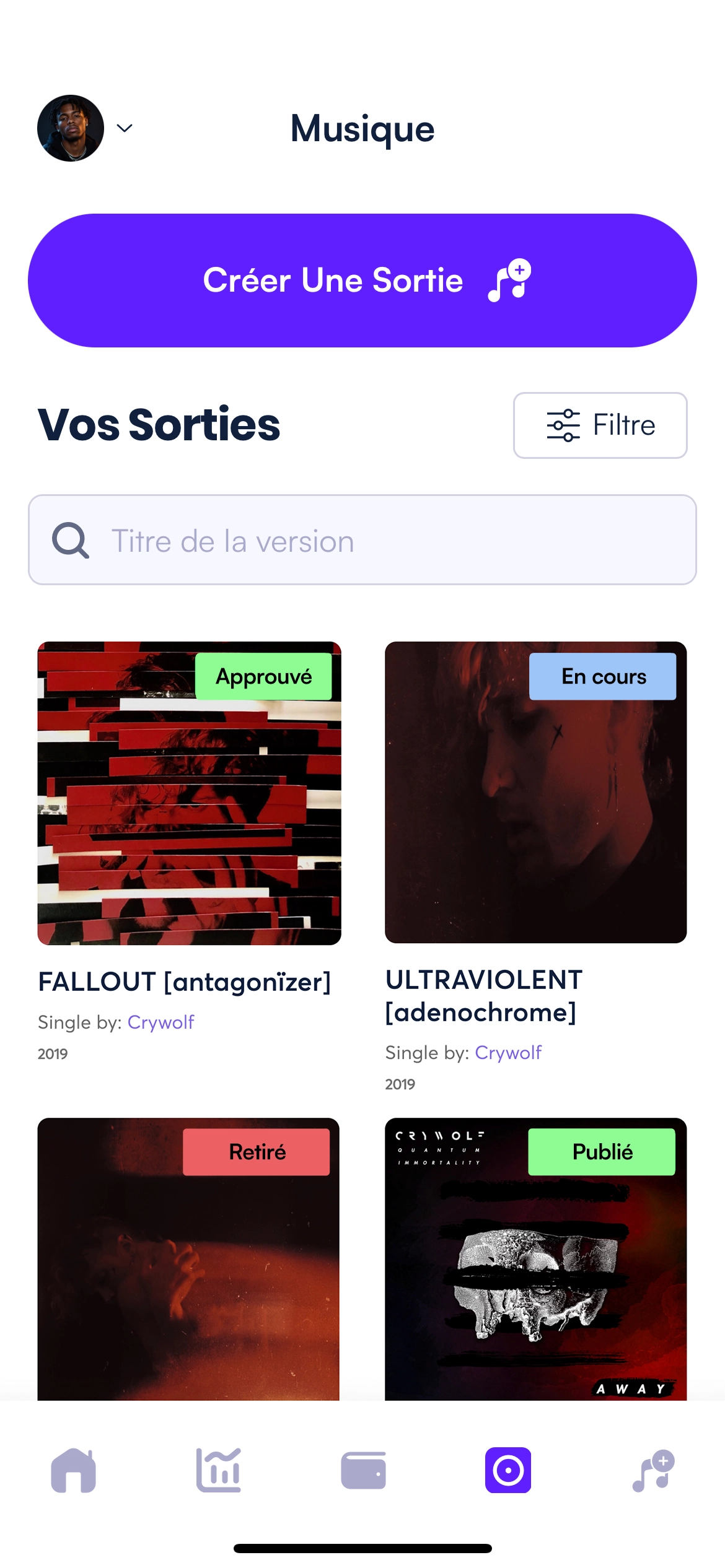 Écran du catalogue affichant les sorties avec leur statut