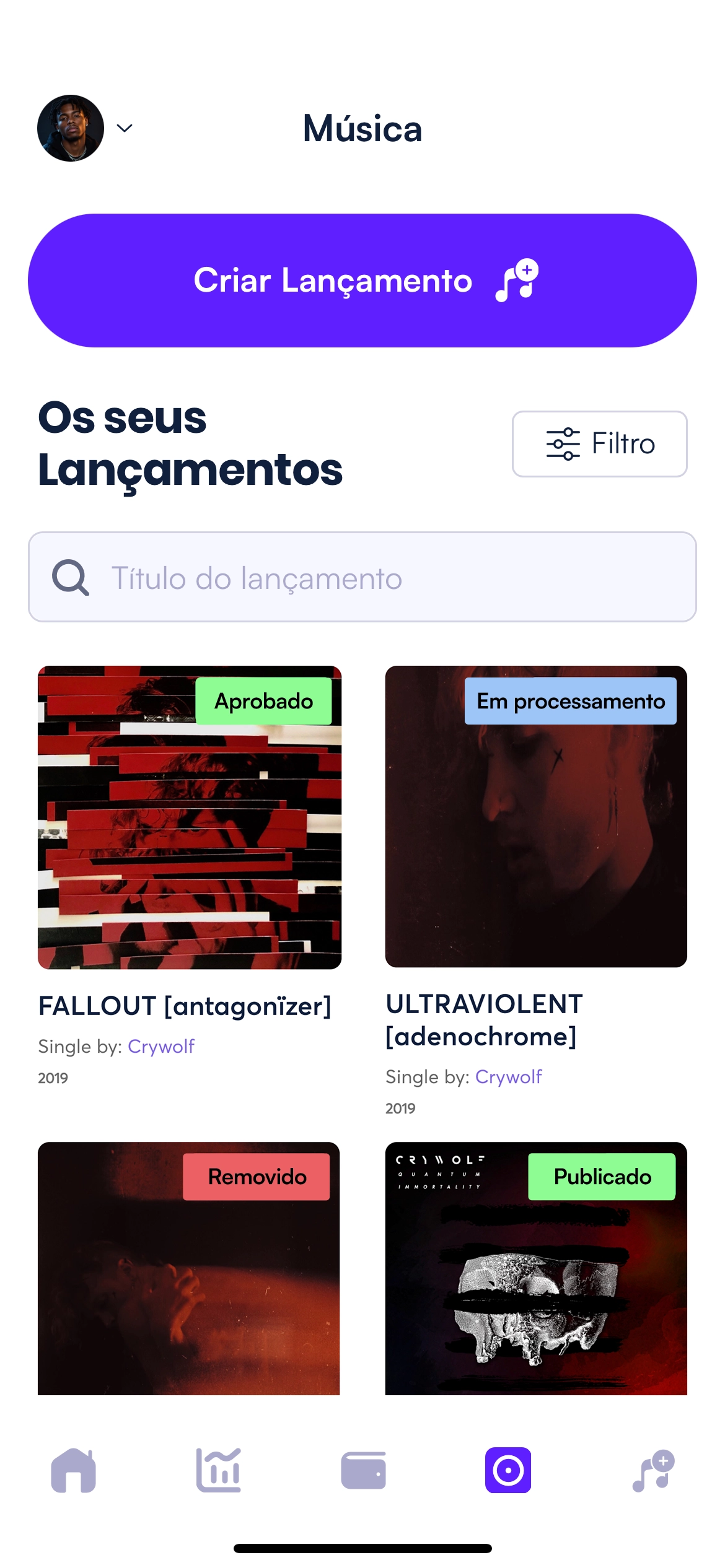 Tela do catálogo que lista lançamentos lançados com status