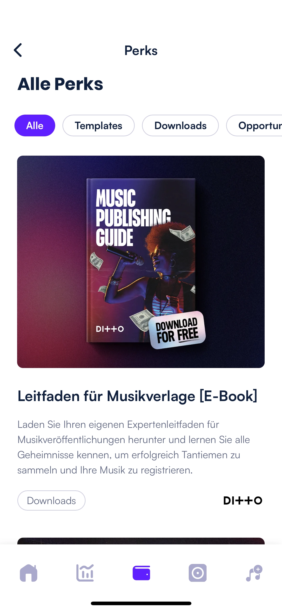 Vorteile-Bildschirm mit Angeboten von Künstlern und Tools