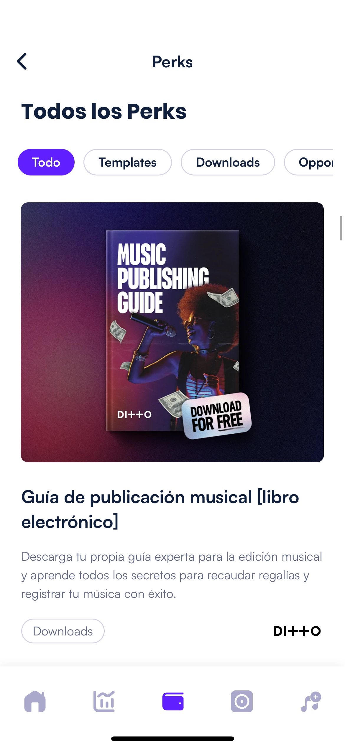 Pantalla de ventajas con ofertas de artistas y herramientas