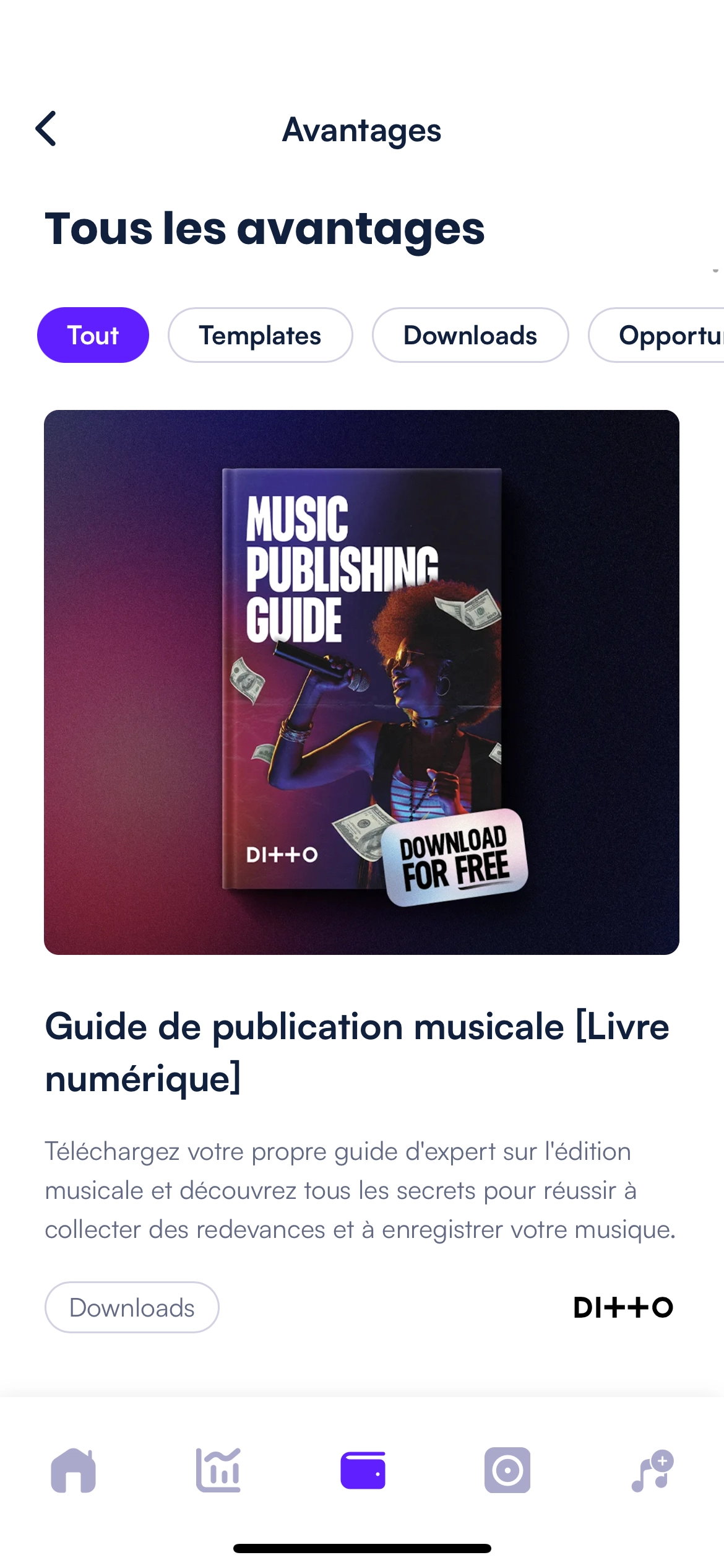 L'écran « Avantages » avec les offres des artistes et les outils