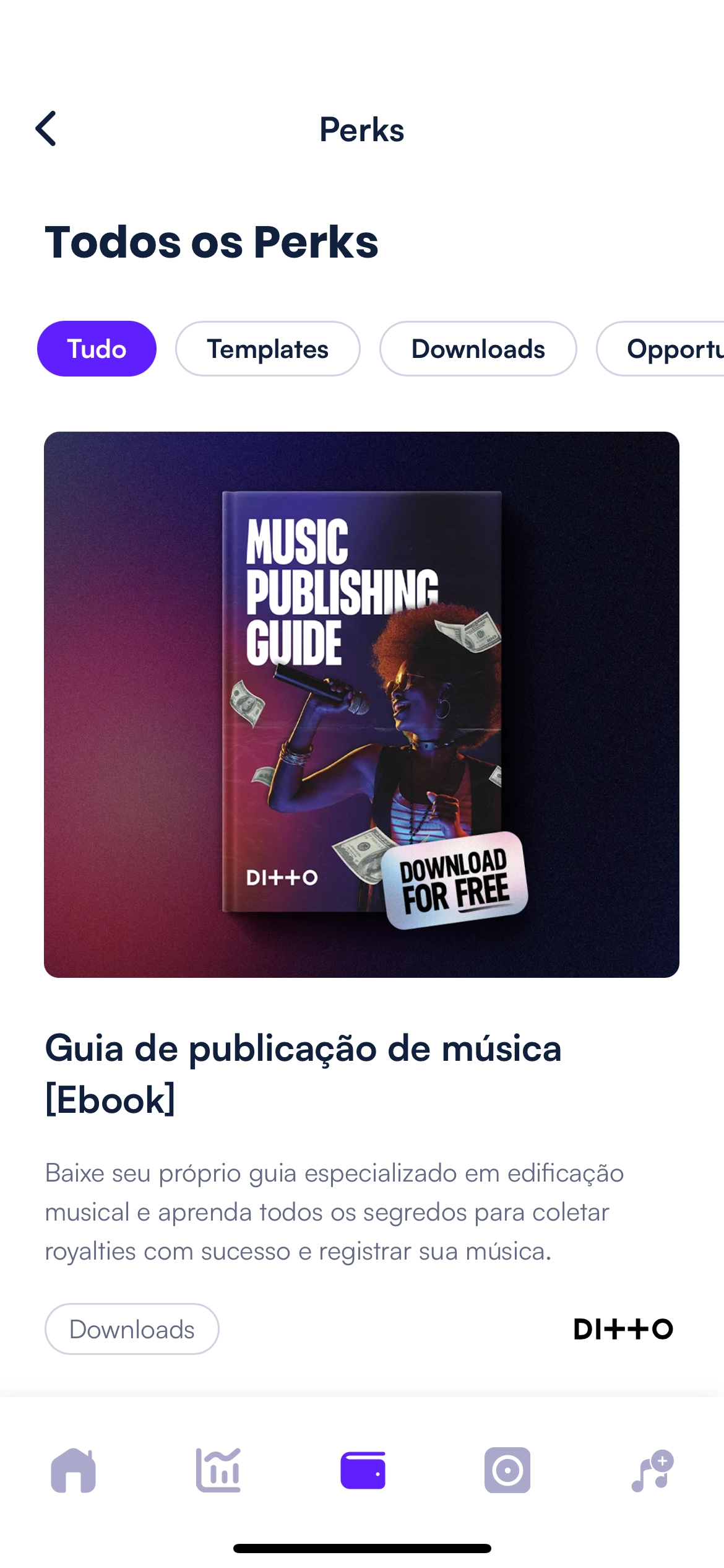 Tela de benefícios com ofertas e ferramentas para artistas
