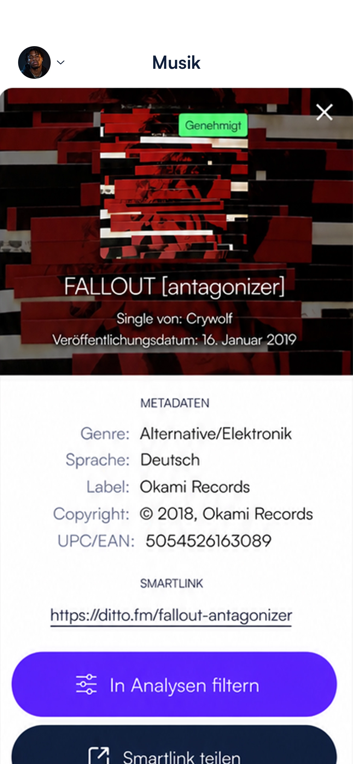 Musikbildschirm mit intelligenten Optionen zum Teilen von Links bewerben