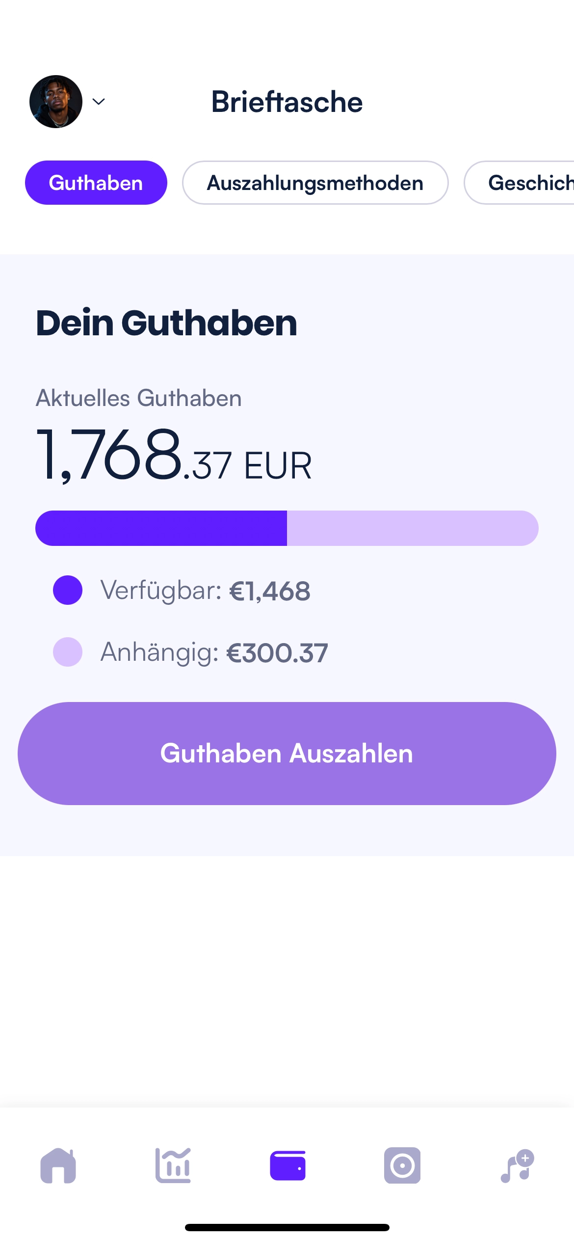 Übersicht über die Tantiemen mit liveem Kontostand und den letzten Einnahmen
