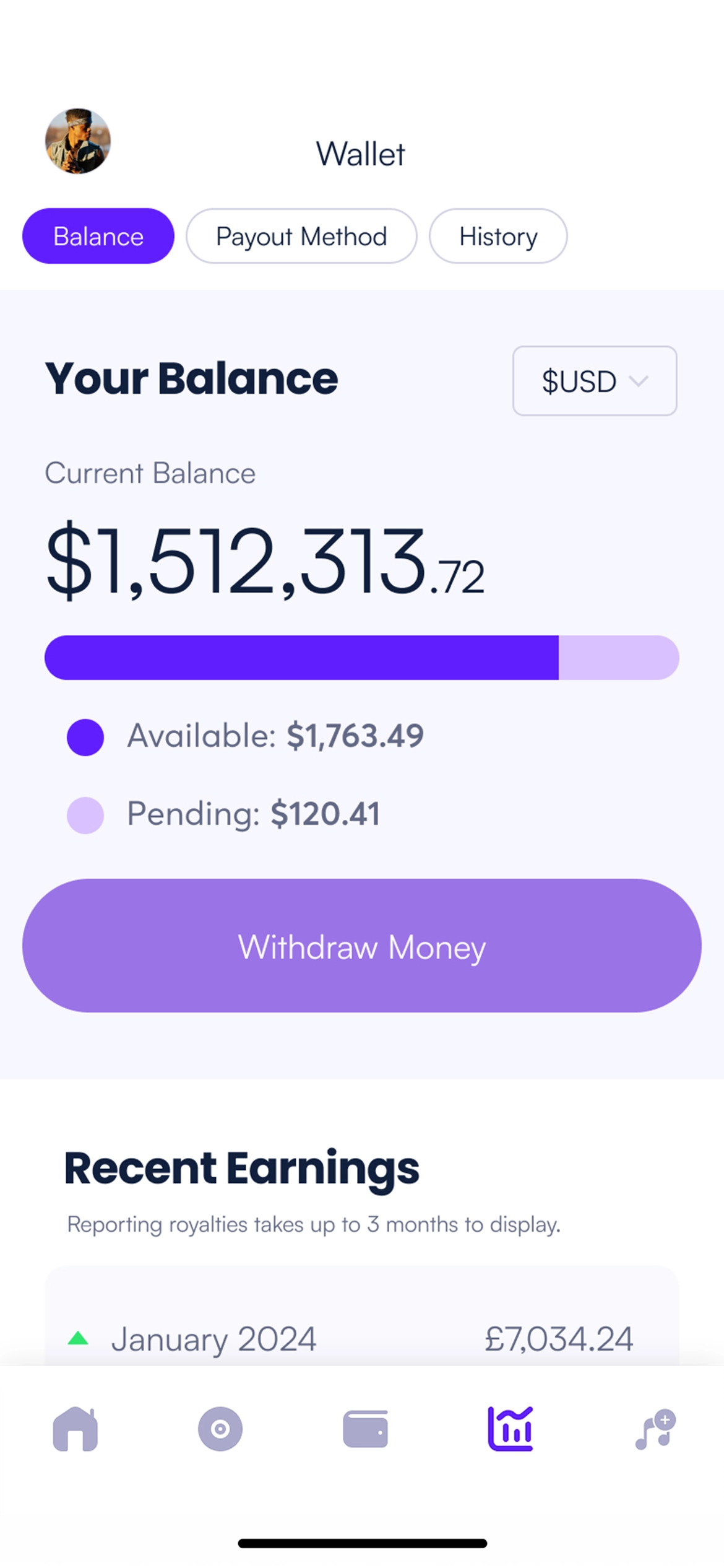 Royalties screen showing live account balance and recent earnings