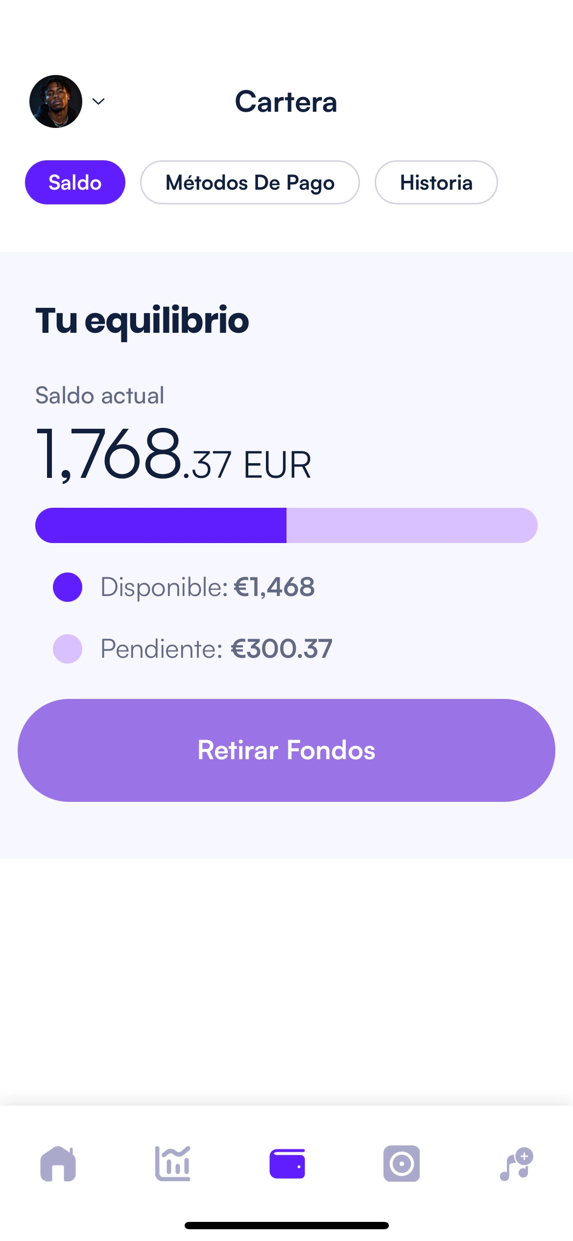 Pantalla de regalías en directo en la que se muestra el saldo actual de la cuenta y las ganancias recientes
