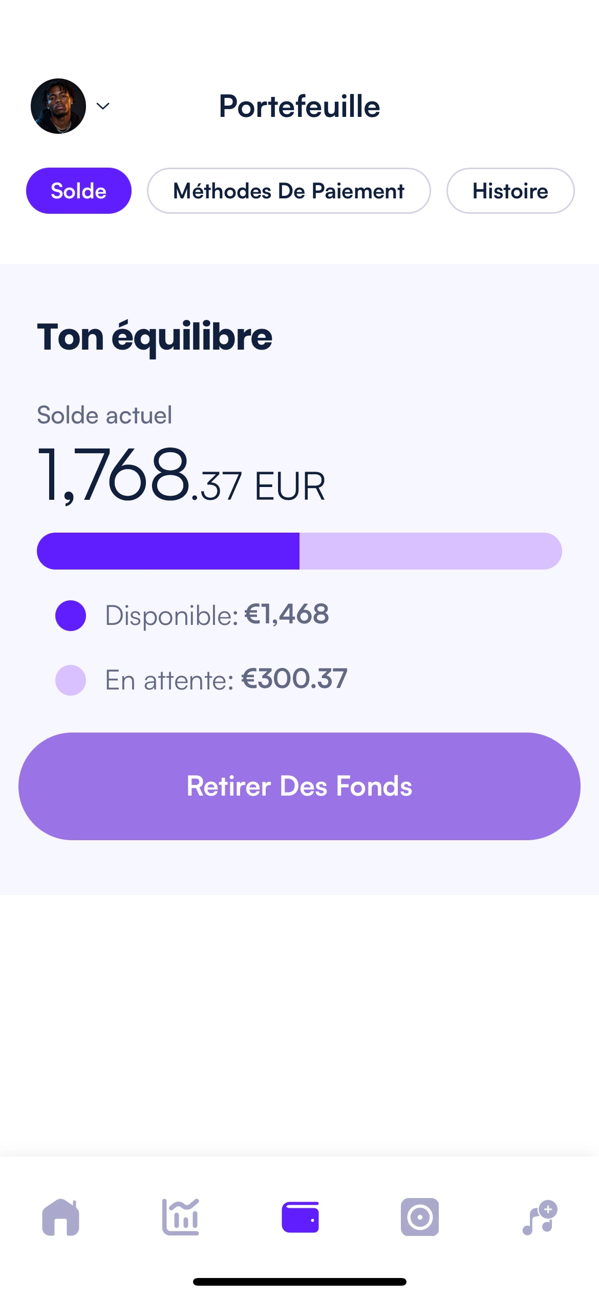 Écran « Royalties » affichant le solde en direct du compte et les gains récents