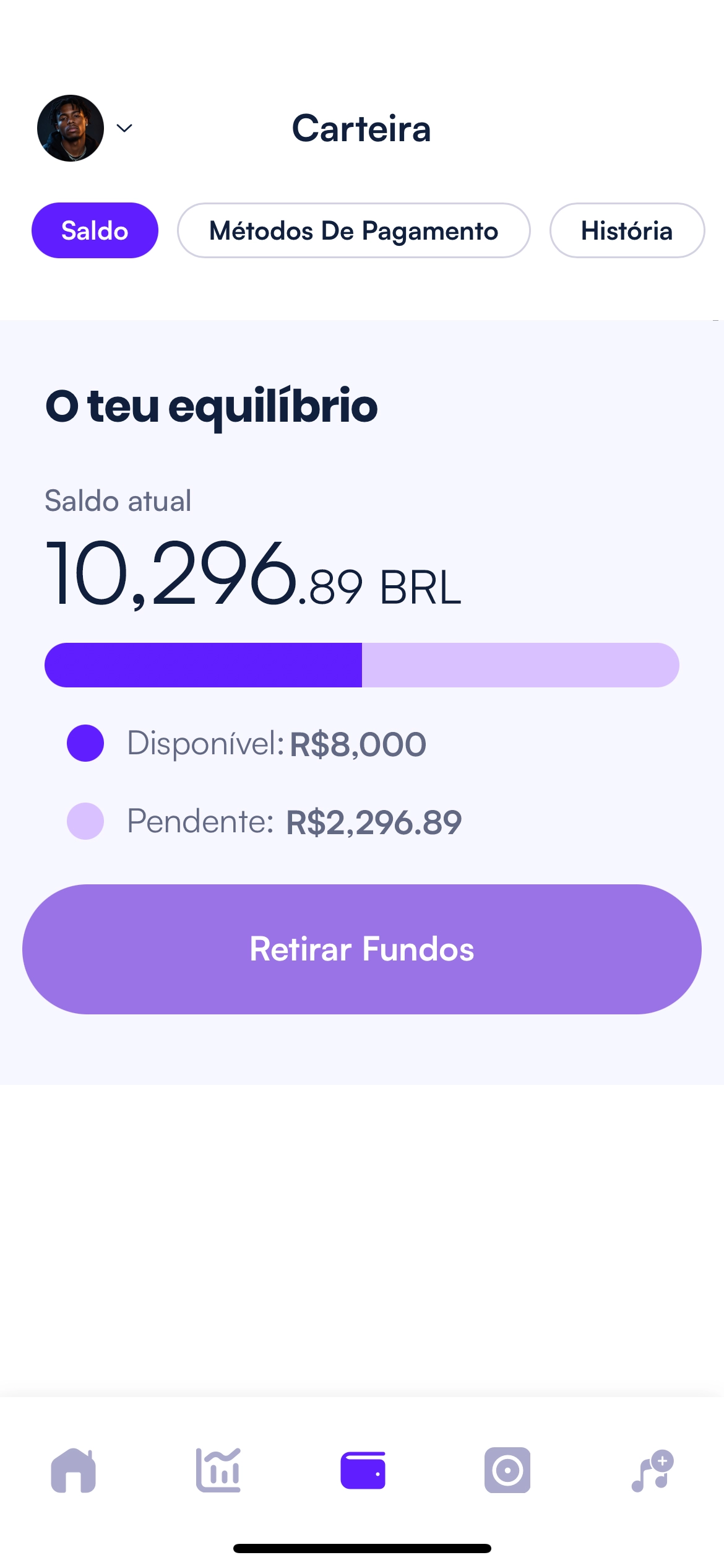 Tela de royalties ao vivo exibindo o saldo da conta e os ganhos recentes